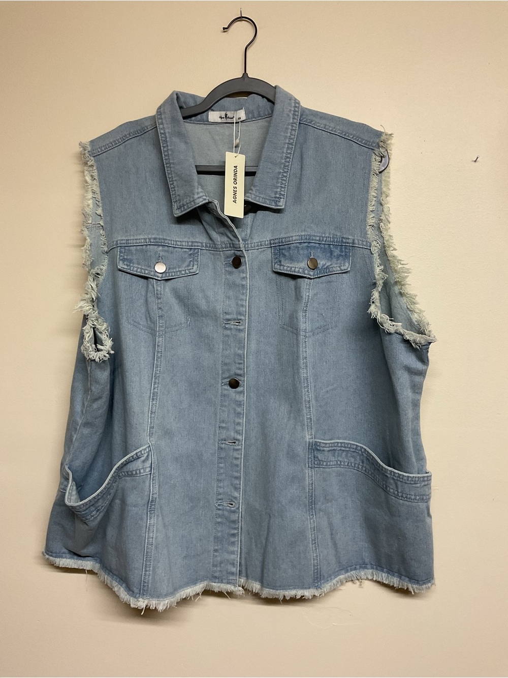 Light Wash Denim Sleeveless Vest with Frayed Armholes - Unbranded